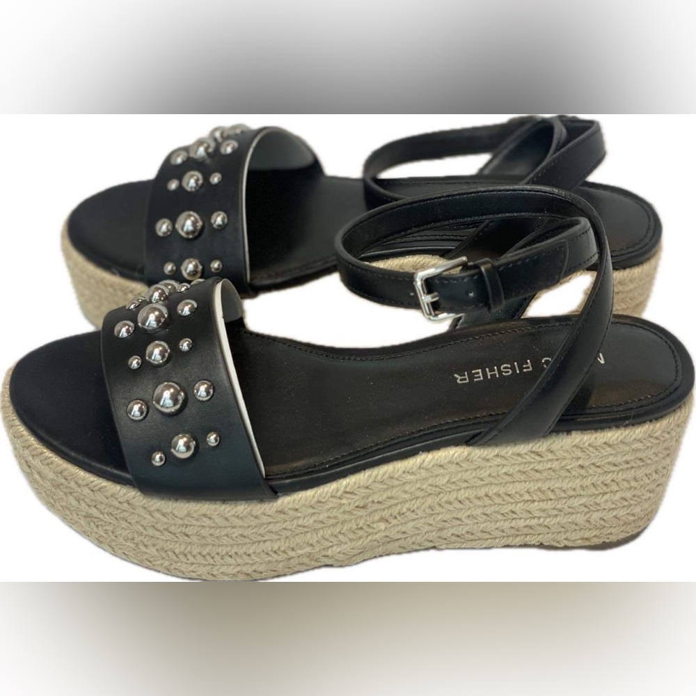 New Marc Fisher Joyce Espadrille Platform Sandal - Black with silver studs